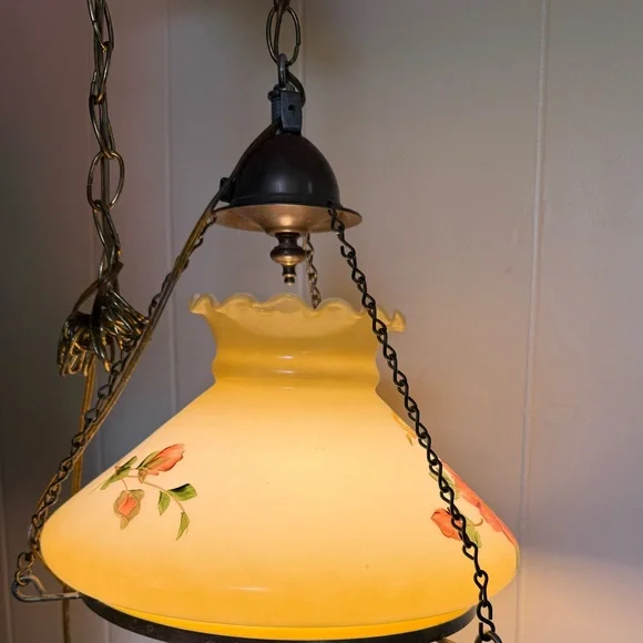 Vintage Swag Hanging Lamp Milk Glass Globe Light Hurricane Floral brass chain